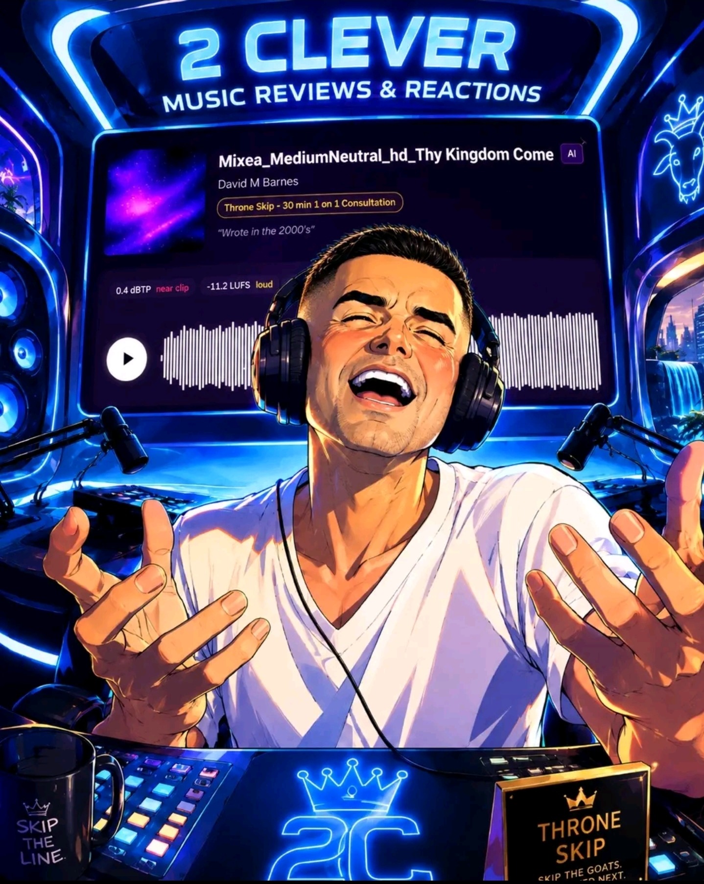 A passionate music reviewer wearing headphones gestures while discussing a track, with a digital interface displaying audio metrics and consultation details.