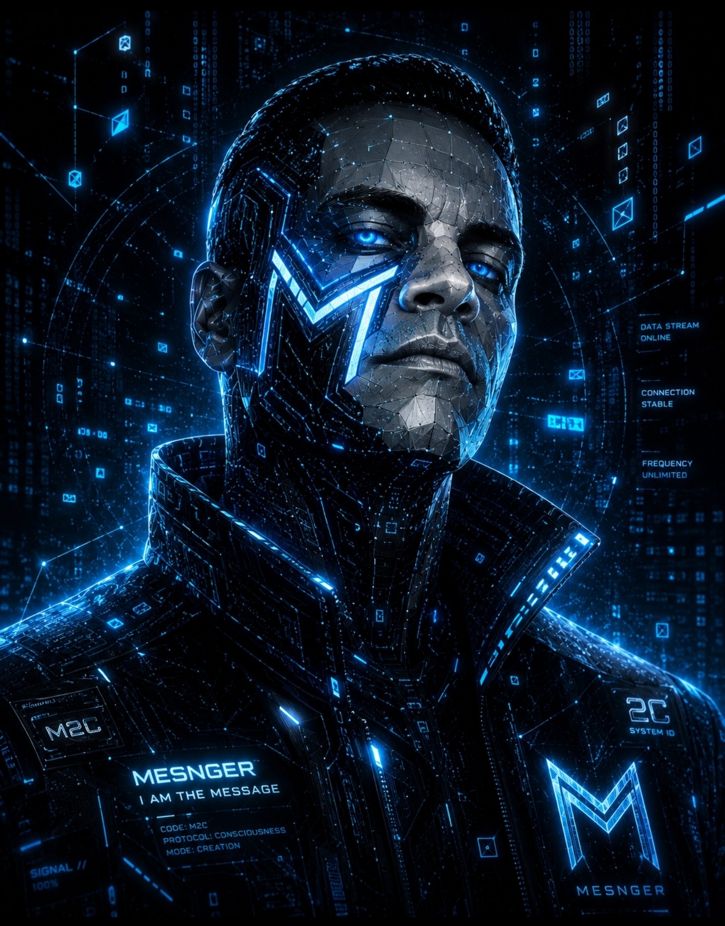 Futuristic figure with a geometric, illuminated face and blue accents, wearing a tech-inspired jacket. Represents digital communication themes.