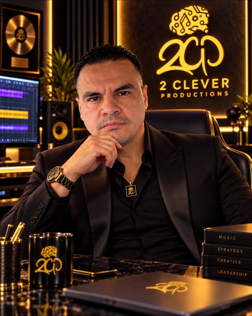 A confident man in a black suit sits at a stylish desk, surrounded by music production equipment and branding for "2 Clever Productions."