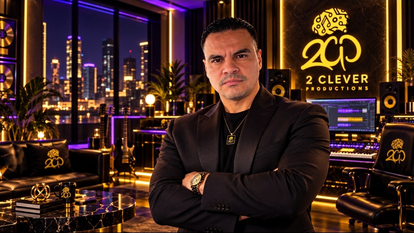 A confident man in a black suit stands in a modern music production studio, featuring advanced equipment and a city skyline backdrop.